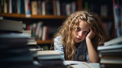 A tired and disappointed girl is studying intensively behind a stack of notebooks and books. - obrazy, fototapety, plakaty