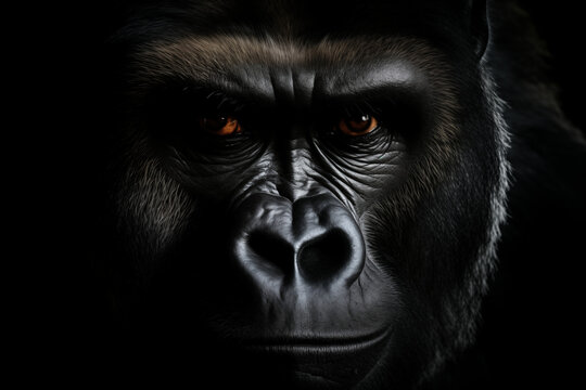 Behold the untamed intensity of a dark simian gaze, as a majestic gorilla's face reveals the raw power and primal beauty of this magnificent mammal