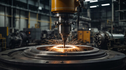 The CNC milling machine cutting the metal part with the sparking light. The hi-technology mold and die manufacturing process by CNC machining center. - obrazy, fototapety, plakaty