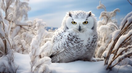 Snowy owl bird of prey looking at camera in snow.