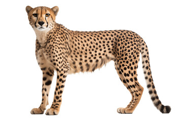 A fierce and elegant felidae, the cheetah stands tall on a stark black canvas, its sleek form exuding raw power and untamed grace as it gazes into the distance with piercing eyes and twitching whiske