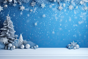 Blue room wall mock up with copy space decorated in Christmas style with illumination and Christmas tree 