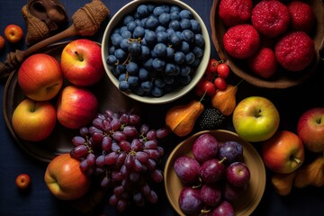 Overhead view of fall food still life featuring seasonal fruits and vegetables such as Bangalore blue grape, red apples, pumpkins, and figs on a table. Generative AI - obrazy, fototapety, plakaty
