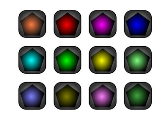 zwölf verschiedenfarbige buttons vor grauem hintergrund in 3D-optik, modernes abstraktes design, sammlung von logos