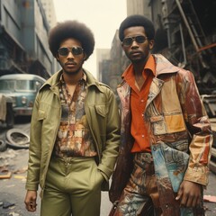 Fototapeta premium Vintage Retro style, feshion clothing, 1970s fashion, Bellbottoms 70s, hipsters, bell bottom pants, frayed jeans, midi skirts, maxi dresses, tie-dye, peasant blouses, and ponchos.