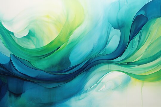 Watercolor abstract painting of swirling colors in light blue and green tones
