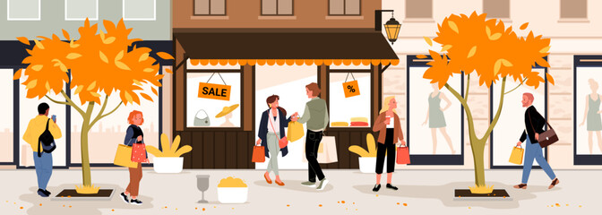 Cartoon young happy people with shopping bags wear autumn clothes, walk along city street with houses and buildings, orange tree to buy gifts at store. Autumn sale in retail shop vector illustration