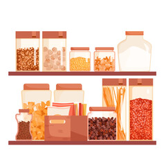 Cartoon isolated buffet wooden shelf with spice packs, metal can and glass bottles with lid, jars with cereal goods for cooking. Kitchen cupboard shelves with food products vector illustration - obrazy, fototapety, plakaty