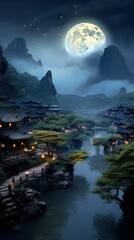 Ancient village of China, beautiful scene, scenery landscape, Chinese lanterns authentic architecture, houses, mystical evening, mystical evening, river, empty streets, peaceful atmosphere.