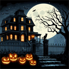 casa, luna, arbol, hallowen,  gato, calabaza