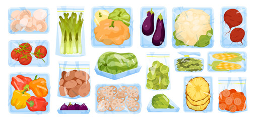 Vacuum bags and plastic trays for keeping food products set vector illustration. Cartoon isolated containers collection with whole and cut vegetables into slices, transparent packages and sachet