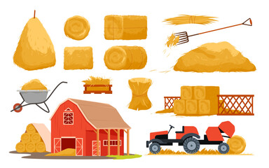 Agricultural hay harvest set vector illustration. Cartoon isolated farm agriculture collection of haystacks and bales, golden straw heap and tractor hay baler, wheelbarrow and pitchfork, wooden barn © Natalia