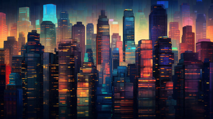Nighttime cityscape painting showcasing the vibrant lights and architectural beauty of an urban skyline