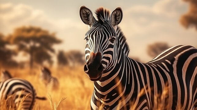 Beautiful zebra horse galloping in the field at sunset. AI generated image