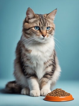 Cute tabby cat near bowl with food. Blue background.