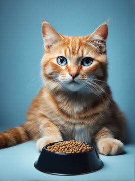 A cute tabby cat near bowl with food. Blue background.