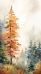 A serene landscape painting of a pine tree in a forest