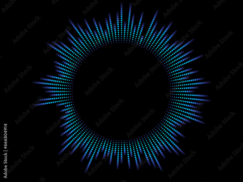 Poster Abstract vector explosion circle frame. Equalizer glowing pattern with striped lines  in blue green colors isolated on black background. Vector design in concept of music, AI technology, science