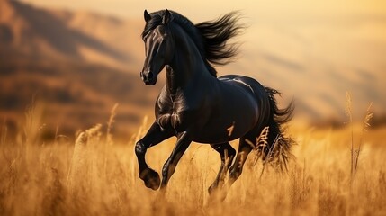 Fototapeta na wymiar Beautiful black horse galloping in the field at sunset. AI generated image
