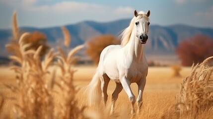 Beautiful white horse galloping in the field at sunset. AI generated image