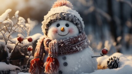 Frosty winter festival with snow-covered surroundings and a cute little snowman.