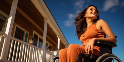 Fototapeta na wymiar Young, beautiful, happy black woman who is a homeowner; she is in a wheelchair next to her home, blue sky, homeowner accessibility, Homeowner Assistance., Home Ownership.
