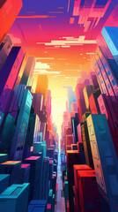 Obraz premium An urban landscape with towering skyscrapers depicted in a vibrant painting