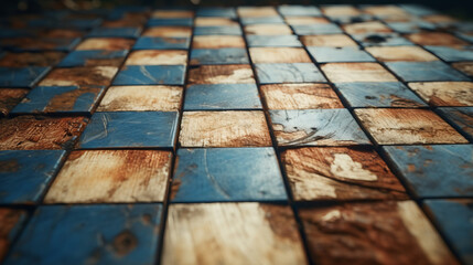 A detailed pattern of blue and brown tiles on the floor