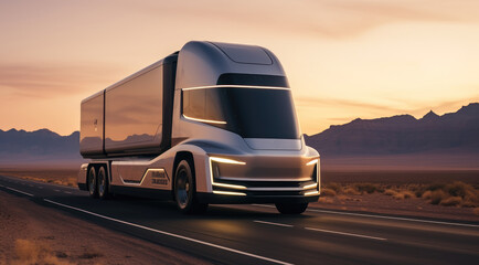 Futuristic truck driving on road in desert landscape.