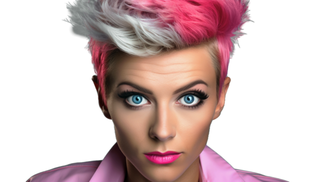 face of a blue-eyed woman with pink-tinted hair looking straight ahead against a transparent background. Generative AI