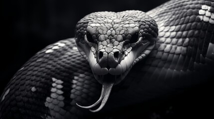 Dangerous Cobra Snake Black And White Face on dark background.