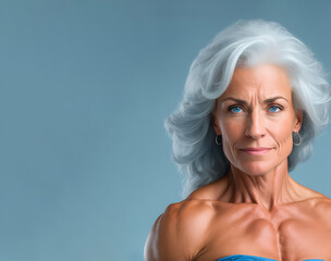 Muscular attractive senior woman posing with copy space