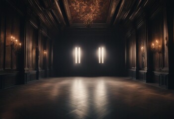 Abstract renaissance empty big hall dark gothic light and smoke room