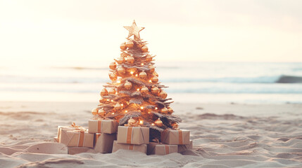 Fototapeta premium christmas tree on sandy tropical beach