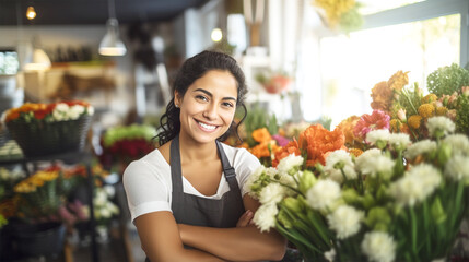 smiling attractive hispanic woman in her florist shop - obrazy, fototapety, plakaty