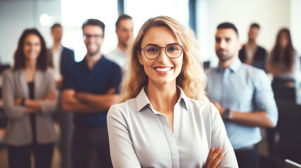 smiling attracting confident business woman posing with her staff