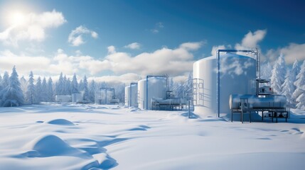 Storage sphere tanks, Large metal hydrogen gas storage tanks in winter landscape. - obrazy, fototapety, plakaty