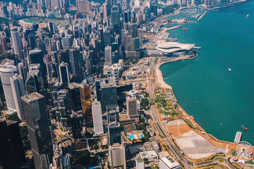Fototapeta na wymiar Aerial scenery panoramic view from drone of Hong Kong skyscrapers skyline with metropolitan bay