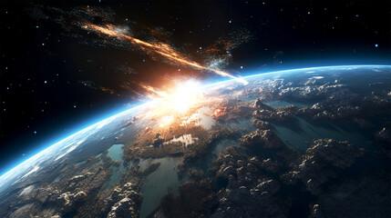 Fototapeta premium view from space meteoritrs with firetrail approaching Earth