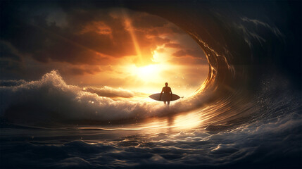 surfer going into the waves at sunset - obrazy, fototapety, plakaty