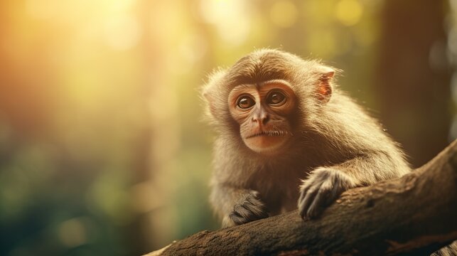 A portrait of monkey holding on branch blurred background. AI generated image