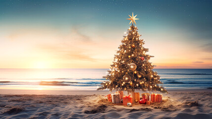 christmas tree on sandy tropical beach - obrazy, fototapety, plakaty
