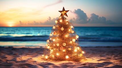 christmas tree on sandy tropical beach
