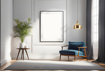 stylish modern room interior, poster mockup with white frame on interior wall background, comfortable relaxation place at home.