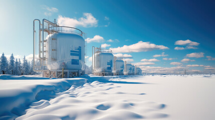 Obraz premium Storage sphere tanks, Large metal hydrogen gas storage tanks in winter landscape.