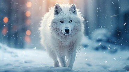 Wild white wolf in snow blurred background. AI generated image - obrazy, fototapety, plakaty