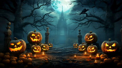 halloween background Jack-o-lanterns on wooden table
