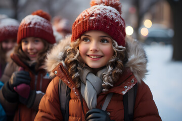 Girl in red hat smiles under snowy Christmas eve twilight.