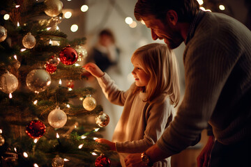 Obraz na płótnie Canvas Father and daughter bond over decorating a gleaming Christmas tree.