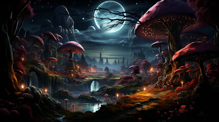 fantastic wonderland landscape with mushrooms. generative ai - obrazy, fototapety, plakaty